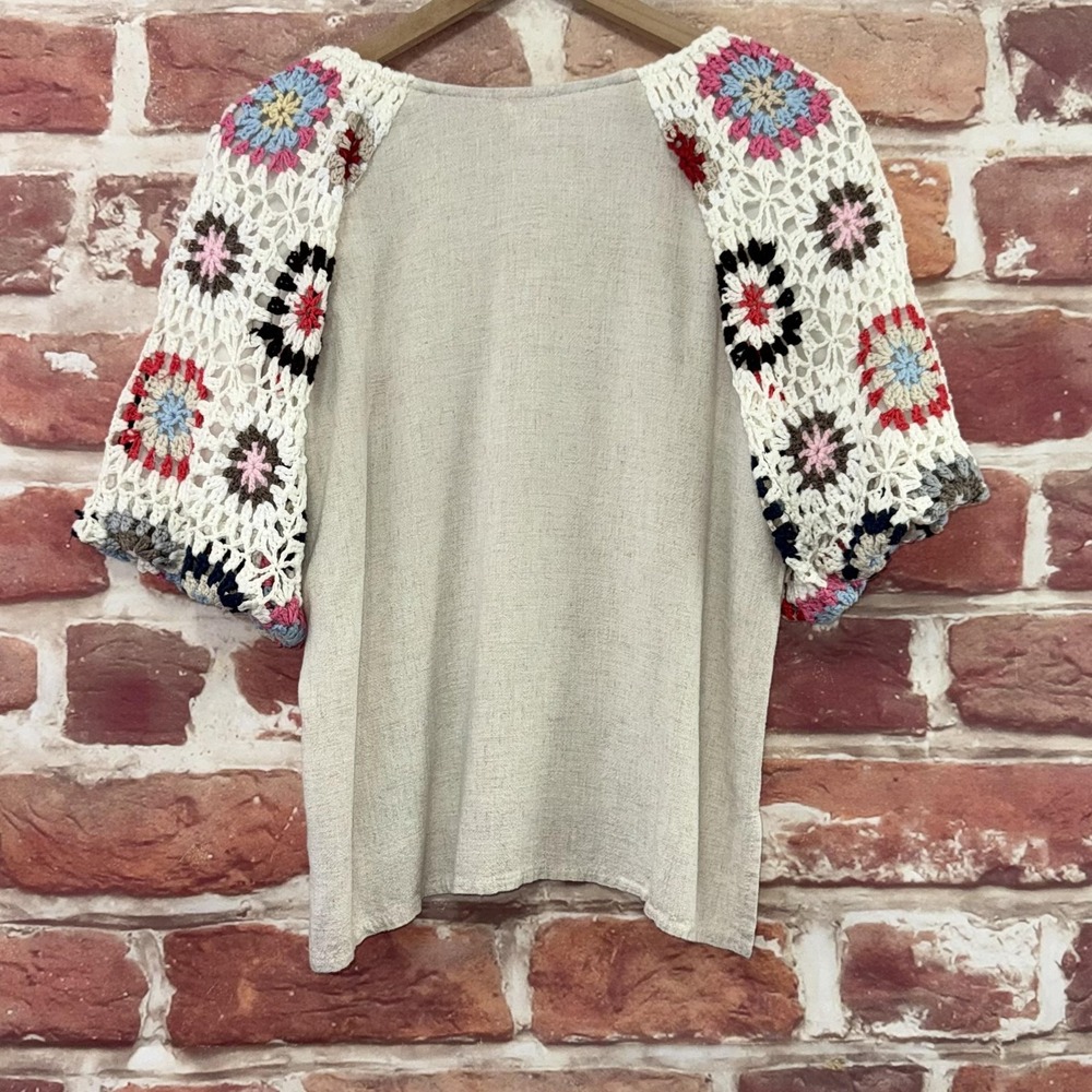 Umgee Top Womens S Tan Multicolor Boho Crochet Granny Square Sleeve Casual Shirt - Picture 4 of 9